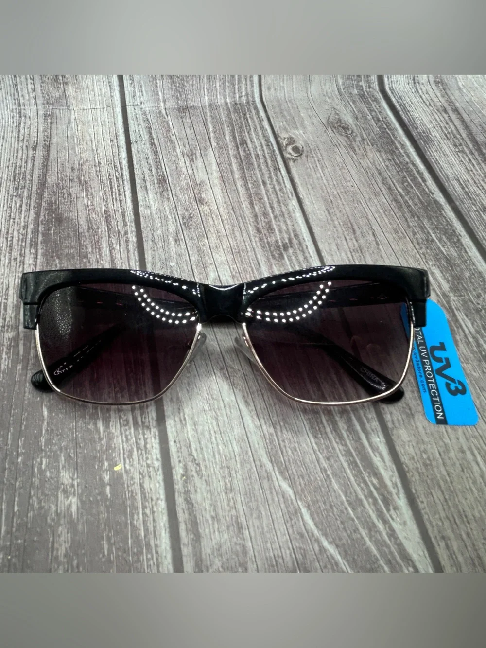 NWT UV3 Browline Clubmaster Sunglasses Black with Hard Case